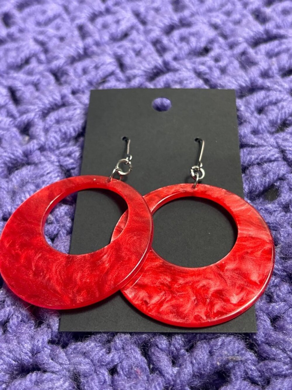 Red Acrylic Dangle Hoop Earrings Silvertone Hooks 2 inches